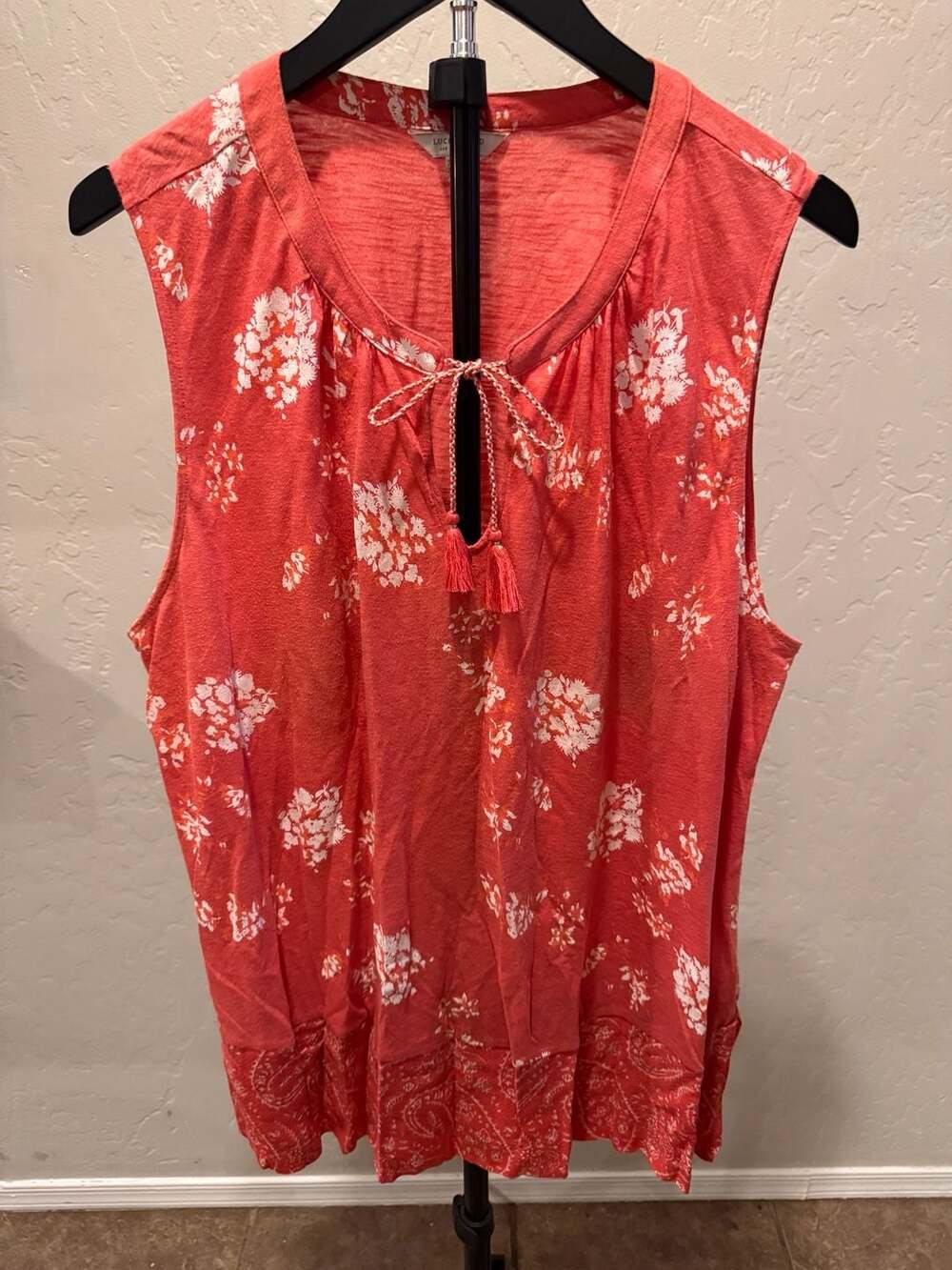 Lucky Brand Womens Coral Sleeveless Floral and Paisley Tassel Tie Tank Top 2XL